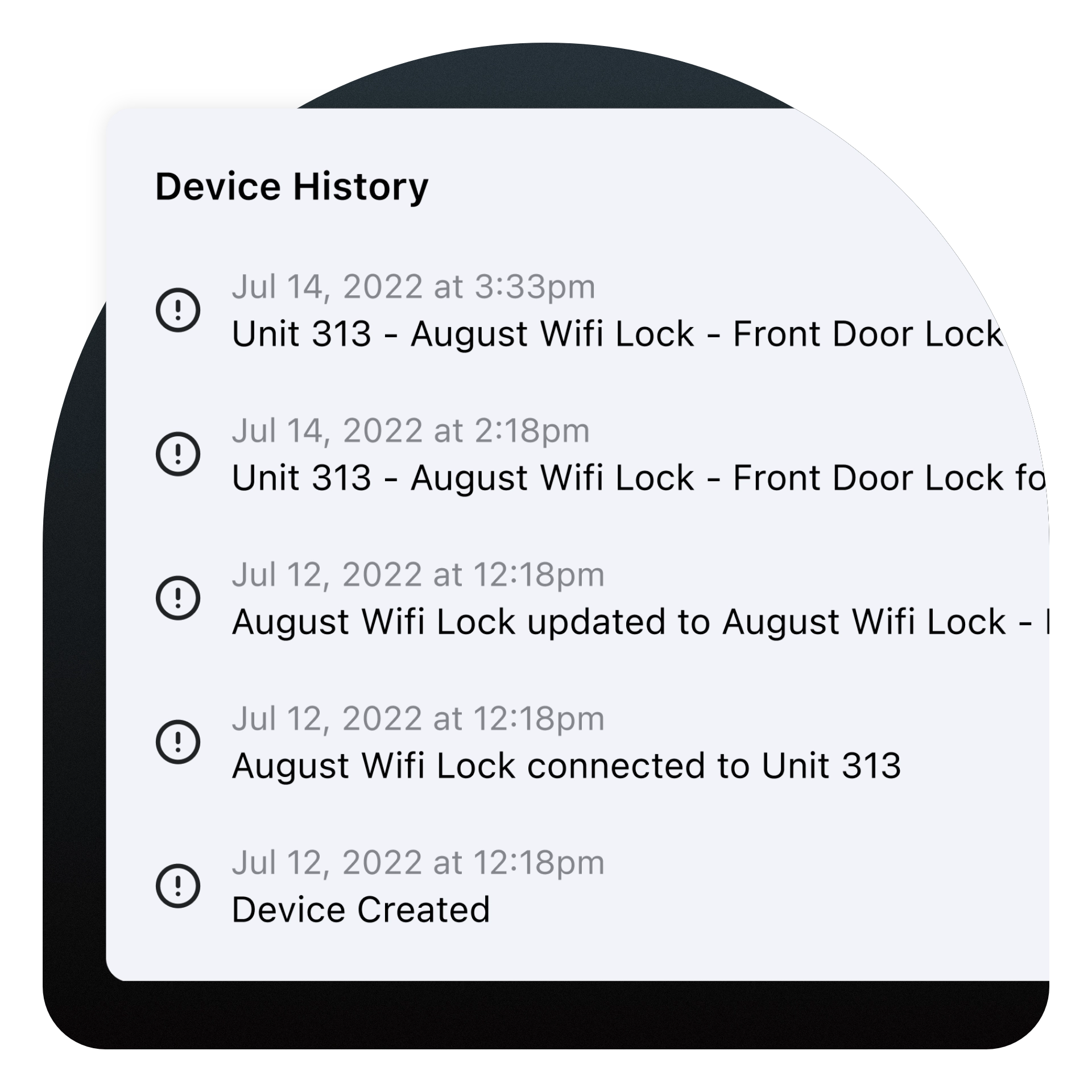 Smart lock device history in Enso Connect