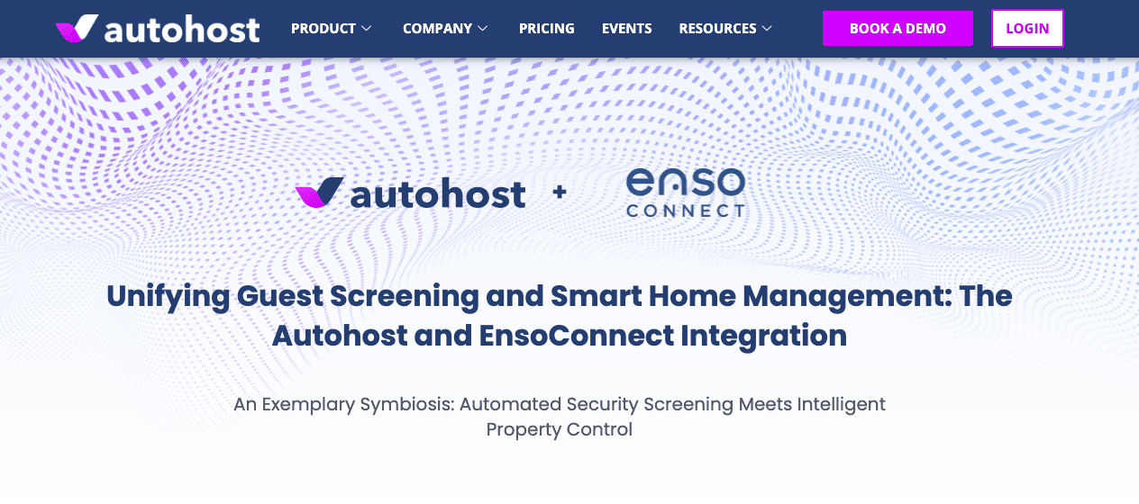 Web banner showing the partnership between Autohost and EnsoConnect, highlighting their unified guest screening and smart home management solutions to increase vacation rental profits.
