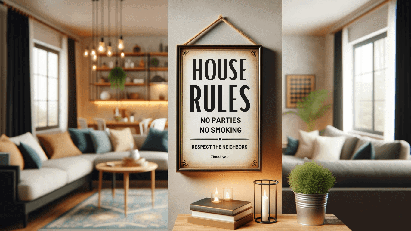 Elegantly framed house rules sign in a vacation rental, with rules like 'No Parties' and 'No Smoking', ‘Respect the Neighbors’, and ‘Thank You’ set against a cozy living room background.
