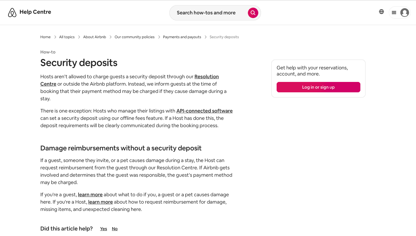 airbnb help article security deposits