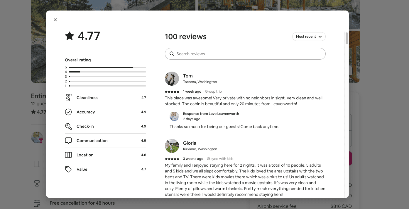 Screenshot of an Airbnb listing with a 4.77-star overall rating based on 100 reviews, highlighting high scores in cleanliness, accuracy, check-in, communication, location, and value.
