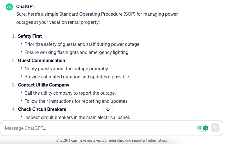 An SOP document for managing power outages at vacation rentals covering safety, guest communication, and utility contact procedures.